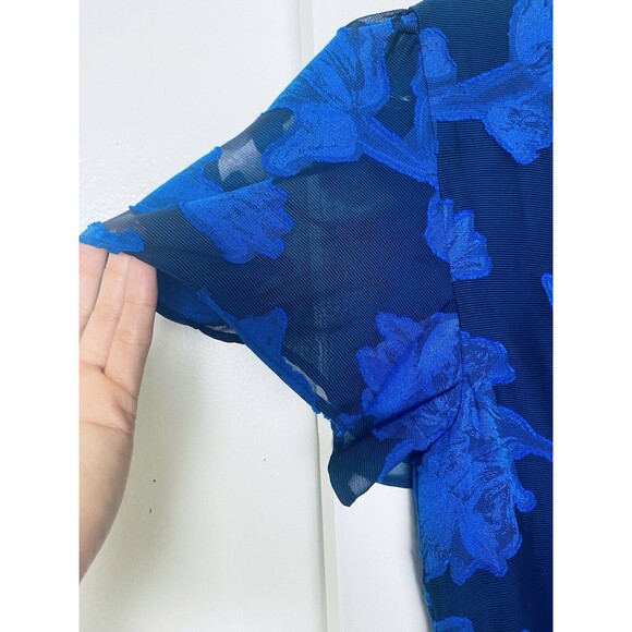 House of Harlow 1960 Mini Dress Size M Blue Floral Semi Sheer Sleeves Wedding - Picture 12 of 13